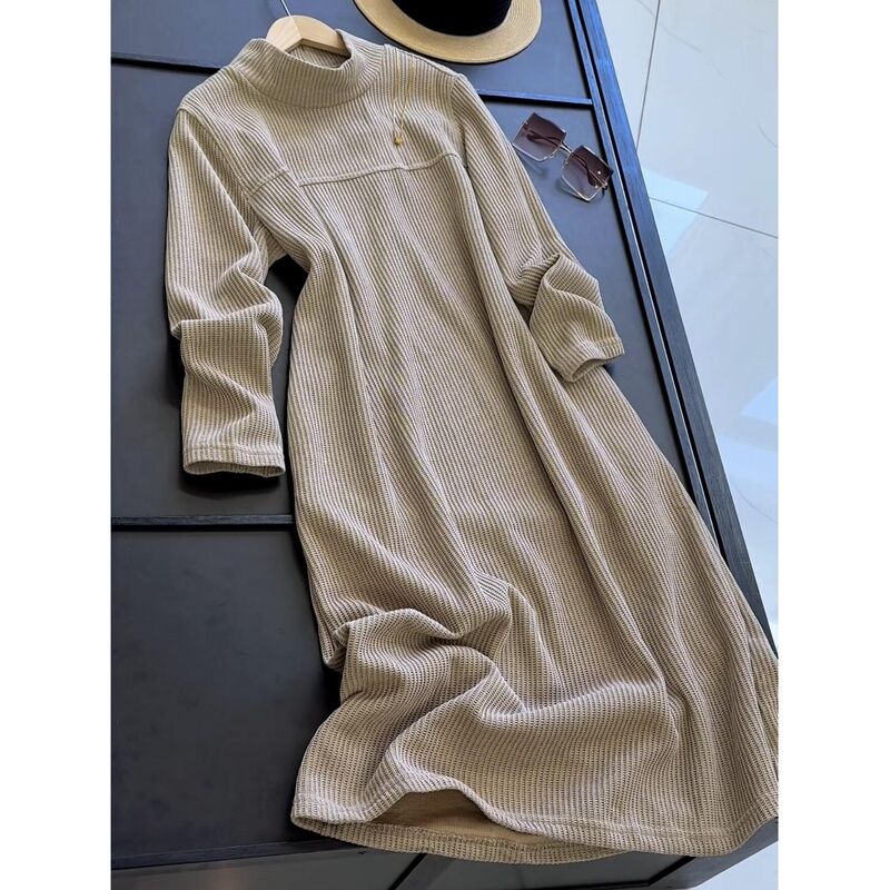 Korean Style High-Neck Waffle Dress for Women, Straight Mid-Length, Loose and Lazy Style, Long-Sleeved Mid-Length Dress for Outer Wear
