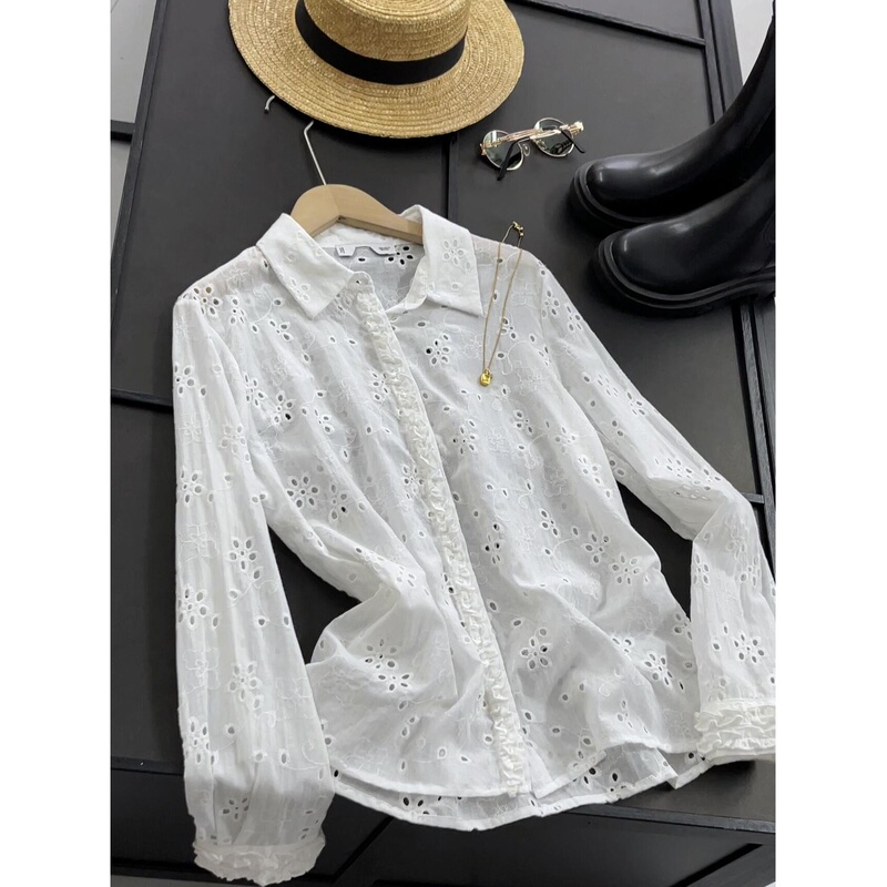 Cotton Lapel Single-Breasted Sweet and Fashionable Casual Heavy-Duty Hollow Embroidery Long-Sleeved Shirt Top