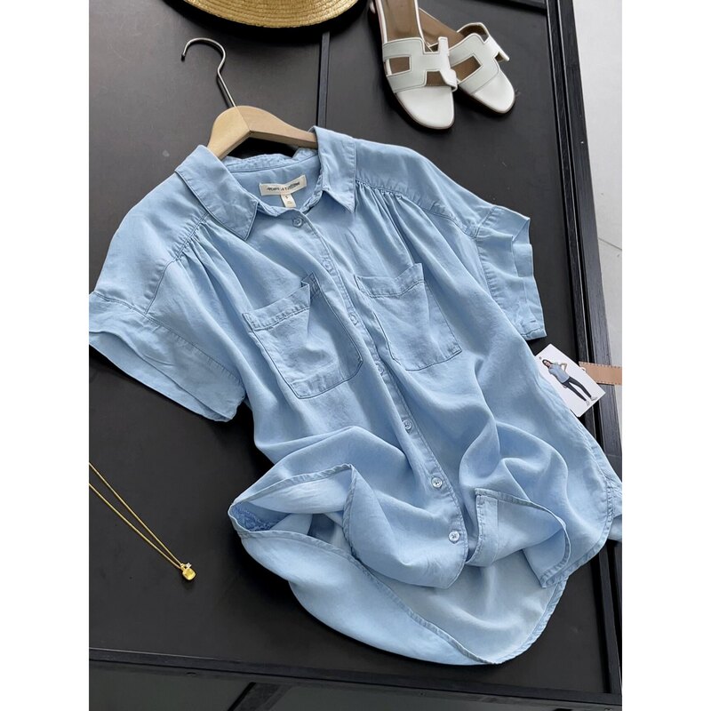 Lyocell 100% Denim Short-Sleeved Shirt for Women, New Summer Style, Age-Reducing, Casual, Thin, Loose Denim Shirt Lyocell 100% Denim Short-Sleeved Shirt for Women, New Summer Style, Age-Reducing, Casual, Thin, Loose Denim Shirt