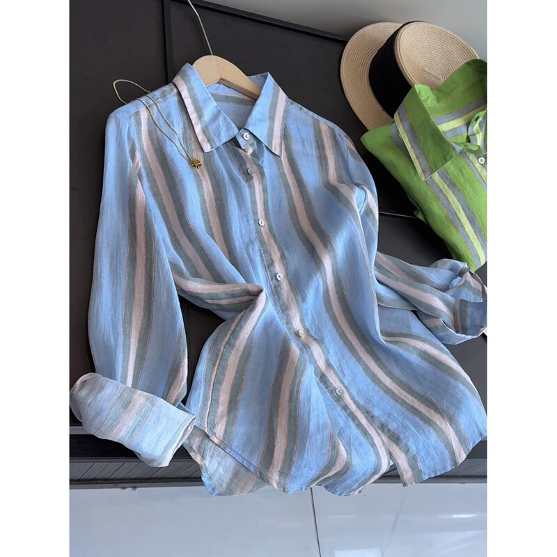 100% Ramie! Spring and Summer Versatile Thin Breathable Lazy Style Color-Block Striped Collared Shirt