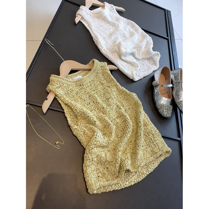 Lazy Style Textured Korean-Style Rolled Edge Half-High Collar Sleeveless Knitted Vest Summer Thick-Knit Slim-Fitting Top for Women