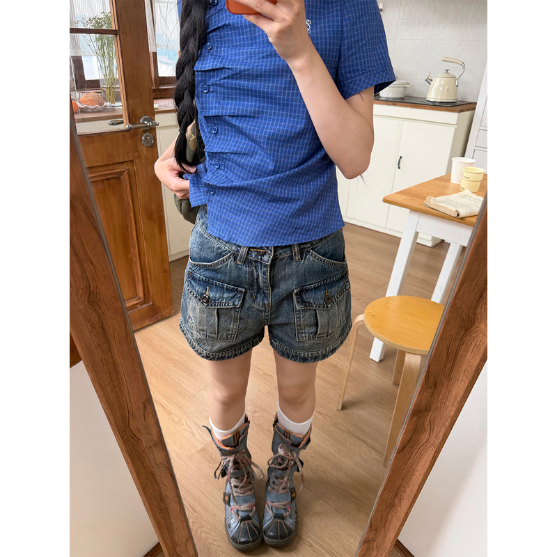 Don Cry Retro Blue Washed Distressed Denim Shorts for Women 2026 New Summer Hip-Lifting Slimming Workwear Hot Pants