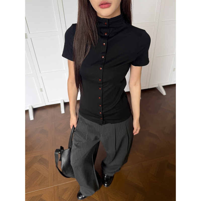 Don Cry2026 New Summer Women's Clothing, High-End Half-High Collar, Straight Shoulder, Slim-Fitting Short-Sleeved Cardigan Top, T-Shirt Trendy