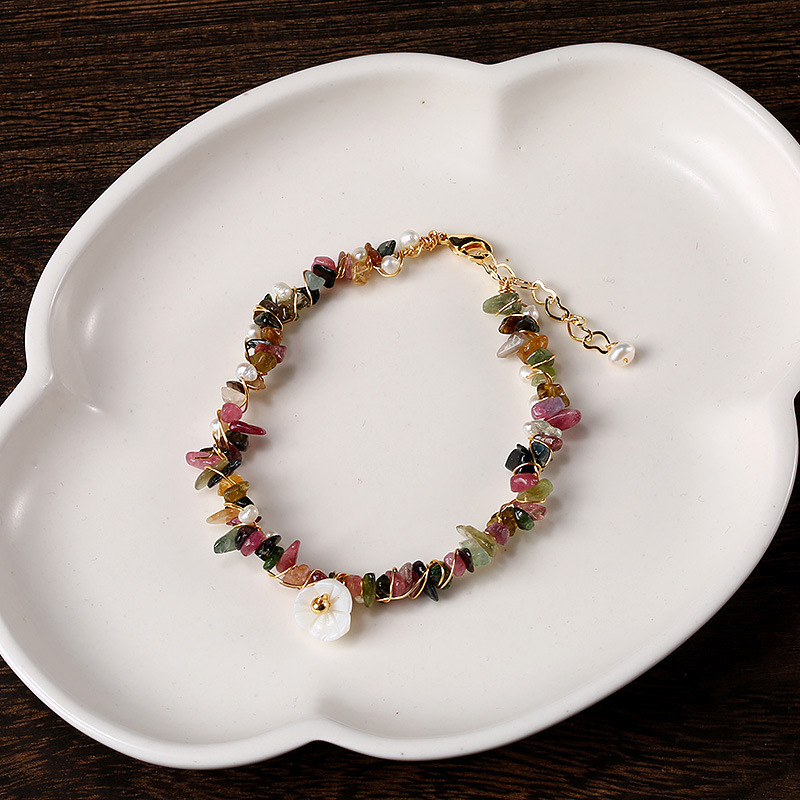 Natural Brazilian Tourmaline Bracelet for Women, Hand-Wound White Butterfly Shell Flower Pearl Candy-Colored Bracelet, Best Friend Gift