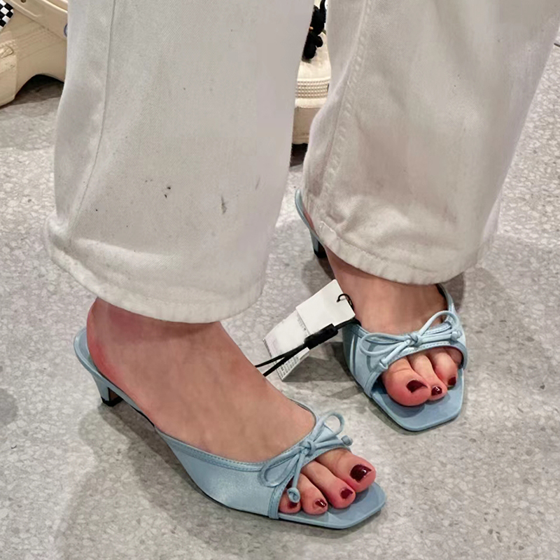 Genuine Leather! Elegant Bow-Knot High-Heeled Sandals for Women, 2024 New Square-Toe Casual Vacation Mule Sandals