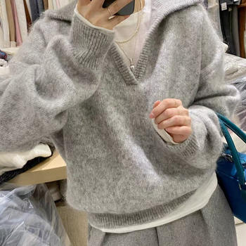 Chic and Beautiful Cashmere Sweater for Women, Polo Collar Pullover Sweater, Autumn and Winter Loose and Lazy Style, 100% Wool Base Layer