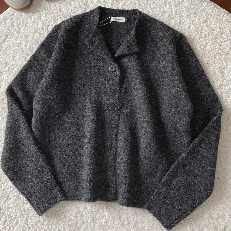Billbro Wool Blend Sweater Cardigan Old Money Style Gray Versatile Cleanfit Crew Neck Loose Knitwear