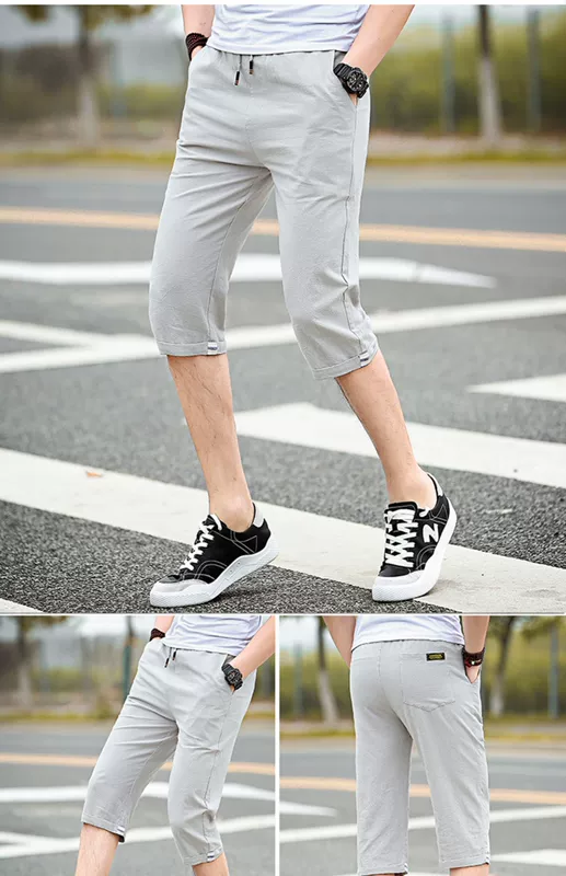 Quần short nam cotton cotton 7 điểm Phong cách Hàn Quốc thon gọn quần ren-up quần dài qua đầu gối thể thao mặc nhà - Quần short
