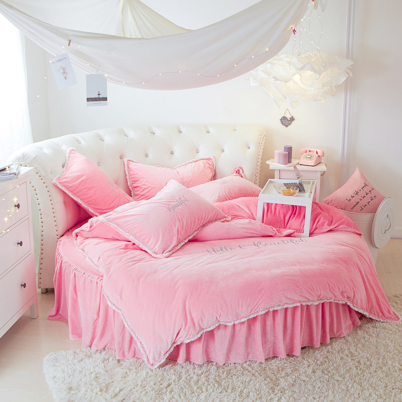 Round bed four-piece set European wedding round coral fleece fitted sheet bed skirt princess style bed sheet quilt cover plus velvet winter