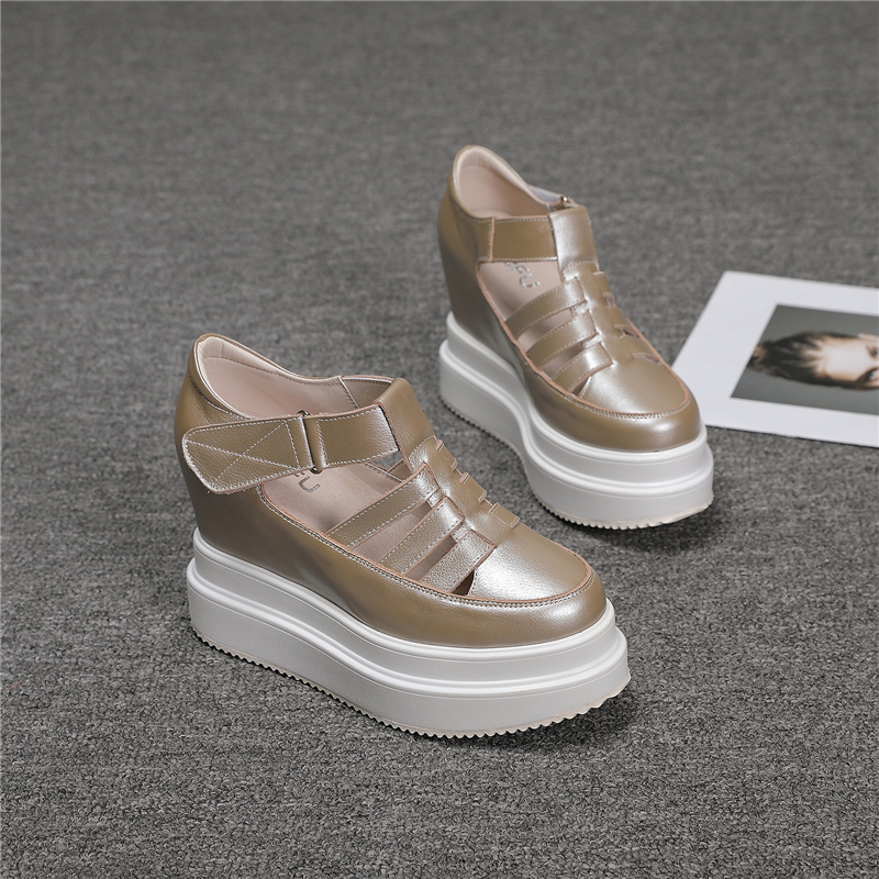 European Station 2025 Summer New Genuine Leather Height-Increasing Women's Shoes Versatile Wedge Hollow Thick-Soled Velcro Sandals