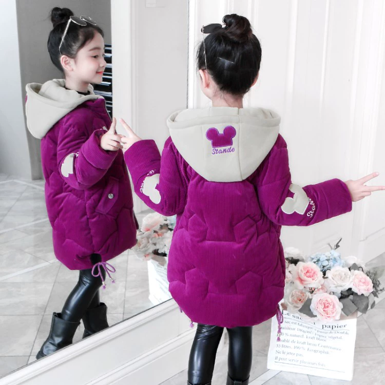 Quần áo cotton cho bé gái 2019 Quần áo mùa đông mới cho trẻ em Cô gái Hàn Quốc cộng với áo khoác nhung dày bằng vải nhung dài đến giữa - Bông