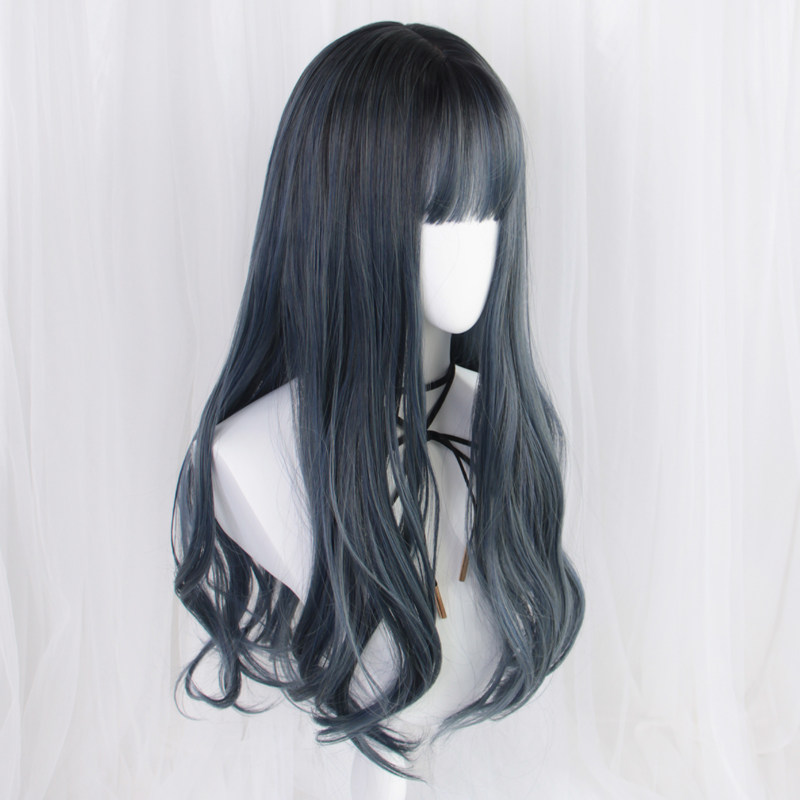 Foggy Blue Gradual Layer Fake Hair Blue Grey Roletta Woman Long Hair Picks Dye Large Wavy Long Curly Hair Breathable Air