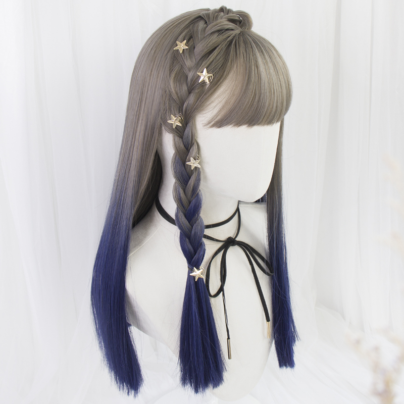 Also cute linen Gradual Blue Wig Millennial Hot Brother-in-law Long Hair Long Hair Roleta Color Lo fake fur full headgear