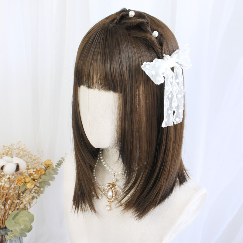 Wig female summer short hair natural and realistic medium long hair straight hair layer age reduction collarbone hair manga bangs full headgear
