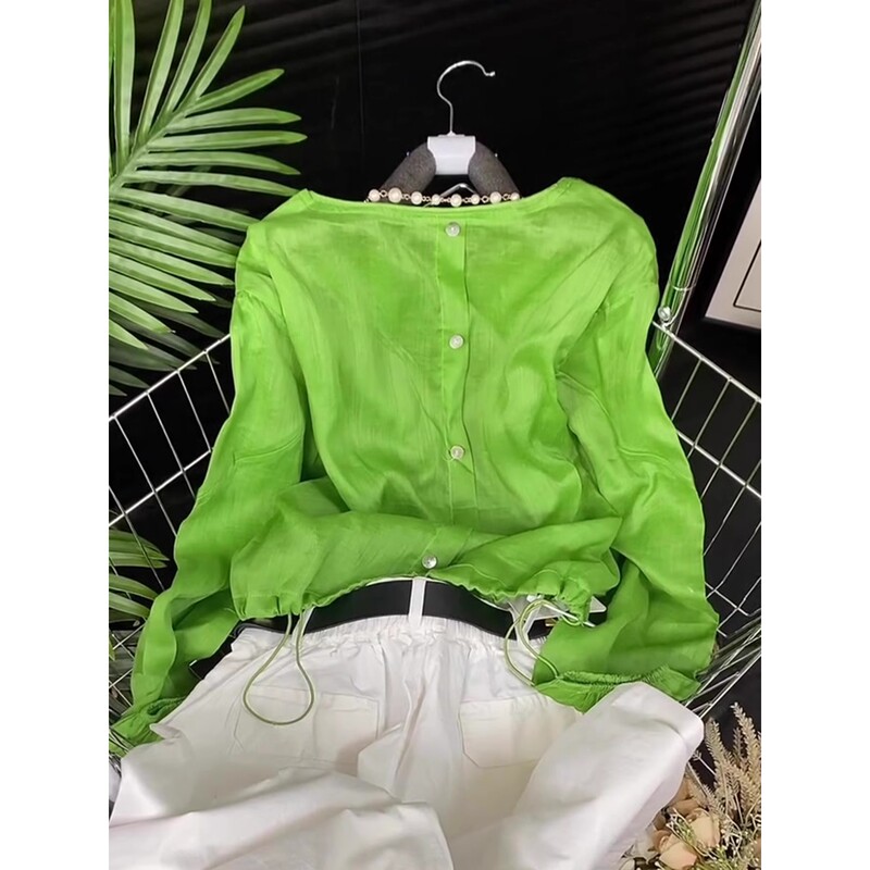 Korean Style Niche Fashion Avocado Green Top for Women 2026 Summer Age-Reducing Trendy Thin Sun-Protective Shirt