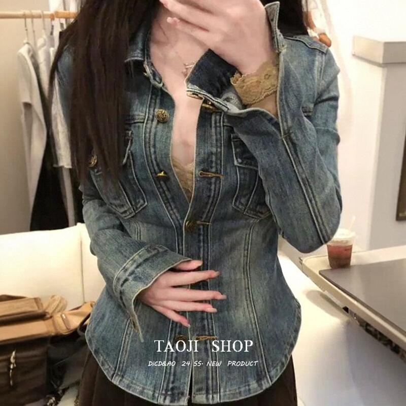 American Retro Blue Polo Collar Denim Shirt for Women, Autum High-End Waist-Cinching Slim Fit Jacket Top