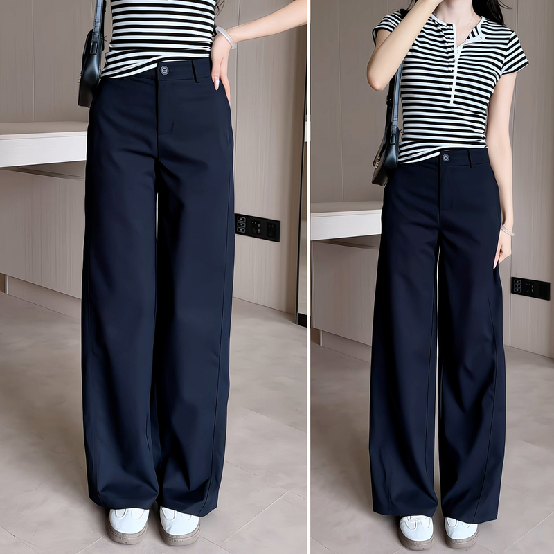 Elastic Waist Navy Blue Narrow Wide-Leg Pants for Women, Autumn 2026, Loose Casual Straight-Leg Pants, Autumn and Winter Fleece-Lined Elastic Waist Navy Blue Narrow Wide-Leg Pants for Women, Autumn 2026, Loose Casual Straight-Leg Pants, Autumn and Winter Fleece-Lined