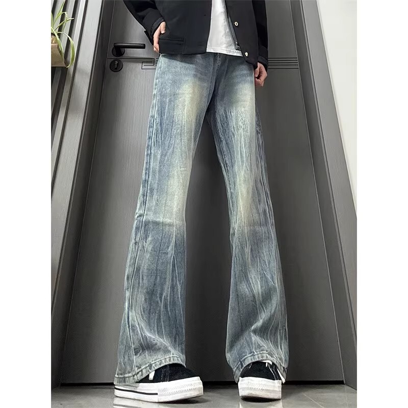 Vintage Blue Bamboo Lightning Pattern Flared Jeans for Men, Summer American High Street Vibe Pants, Versatile Straight-Leg Pants Vintage Blue Bamboo Lightning Pattern Flared Jeans for Men, Summer American High Street Vibe Pants, Versatile Straight-Leg Pants