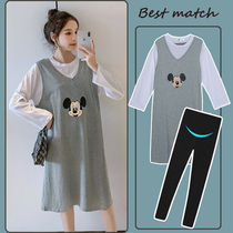 Gestational Maternity Fall T-Shirt T-shirt Dress Fashion Fake Two loose Mickey Methodist Pregnant Women Casual Outfitting Damp