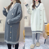 Pregnancy Woman Dress Autumn Winter Reduction of Slim V-collar Knit Dress Medium Long pregnant Pregnant Woman Sweater Dress Underdress Winter