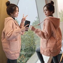 Pregnant womens autumn and winter suit fashion out lamb wool stitching hooded cotton coat Mid-length cotton suit thick quilted jacket jacket