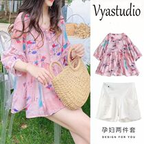 Pregnancy Maternity Dress Summer Suit Nets Red Fashion Summer Short Sleeves Thin Flowers Doll Blouse Blouse Loose summer Two sets