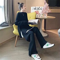 Pregnant Woman Spring Clothing Suit Out Fashion Spring Autumn Season Net Red Knit Open Fork Sweater With Lean Broadlegged Pants Two-piece Set