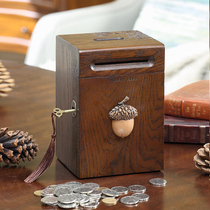 The piggy bank can be stored. The household banknotes can only enter the childrens anti-fall Net red wooden creative piggy bank.