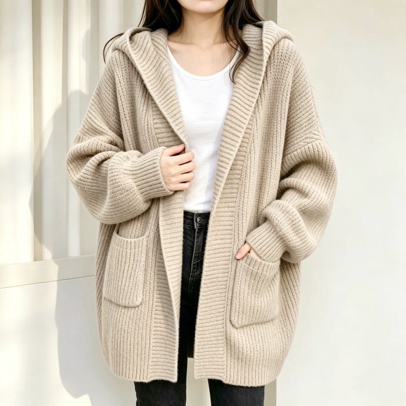 Retro Lazy Style Large Size Hooded Sweater Jacket for Women Autumn and Winter New Fat mm Long-Sleeved Cardigan Thickeneded Knitted Top