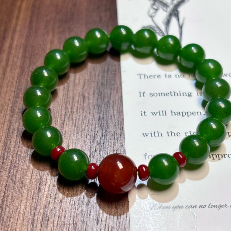 Natural 8mm Spinach Green Jasper and Southern Red Agate Round Bead Bracelet for Women, Jewelry Gift for Girlfriend or Best Friend