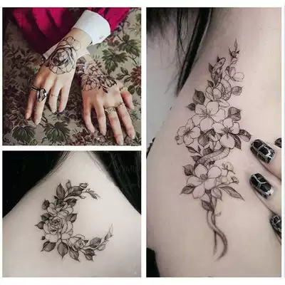 17張暗黑素描花朵紋身貼背部女社會性感刺青情侶款持久胸前手臂