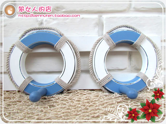 Mediterranean style blue and white wooden old style life buoy decoration hook coat hook student dormitory decoration
