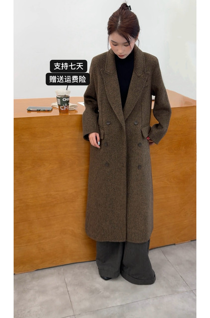 2025年冬季新款人字纹西装领双面羊毛大衣女双排扣长款羊毛呢外套