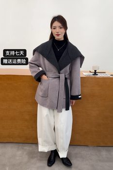 2025冬季加厚海军领双面羊毛大衣女撞色气质显瘦羊毛呢外套女短款