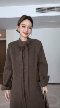 2025年冬季新款法式赫本蝴蝶结双面羊毛大衣女中长款显瘦羊毛外套