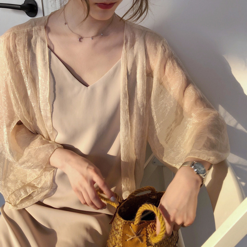 Bm Style French Retro Gold Silk Chiffon Thin Sun Protection Cardigan Outerwear Shawl Air Conditioning Shirt Top for Women Summer New Style