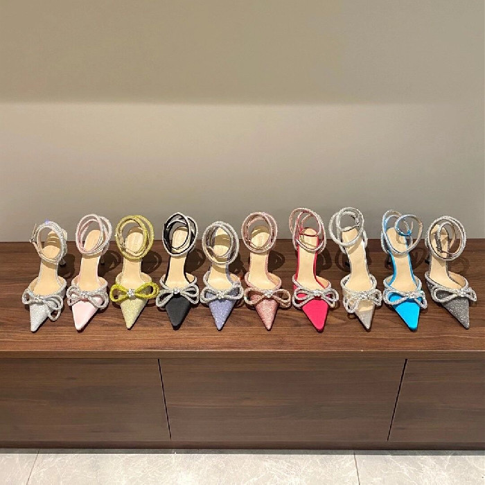 High-End 25 New Mach Mach Pointed-Toe Bow Rhinestone High-Heeled Shoes, Closed-Toe Silk Glitter Sexy Sandals