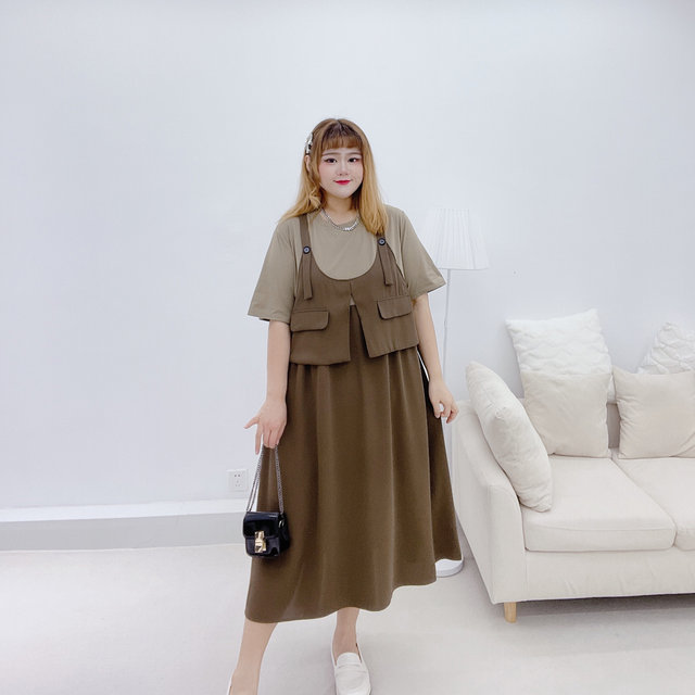 Retro casual fat MM ວ່າງກະໂປງປົກຄຸມທ້ອງ summer plus size women's workwear splicing contrasting fake two-piece dress