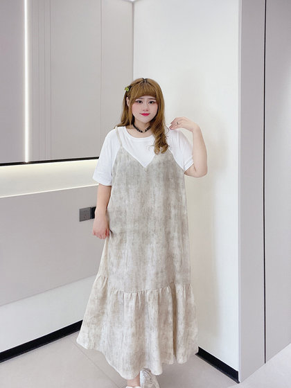 长短款胖仙女莹莹大码女装胖mm夏韩版宽松休闲设计感假两件连衣裙