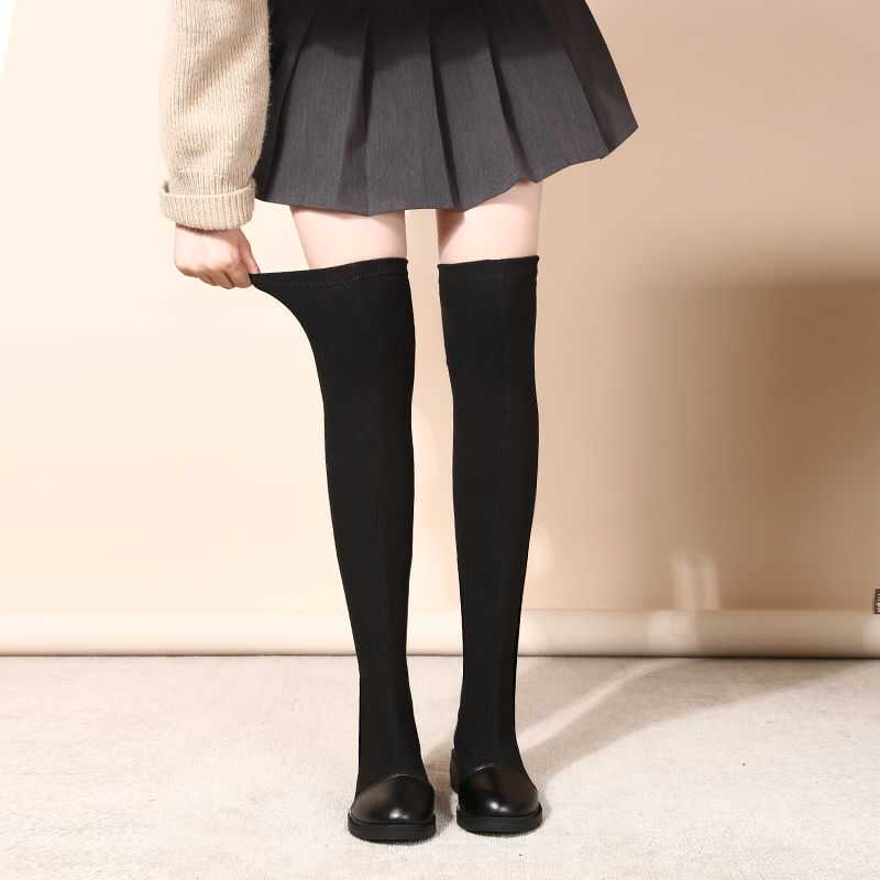 Autumn and Winter Flat Elastic Fabric Over-The-Knee Boots for Women, Korean Style Fashion Slimming Single Boots, Mid-Heel High Boots, Fleece-Lined Long Boots