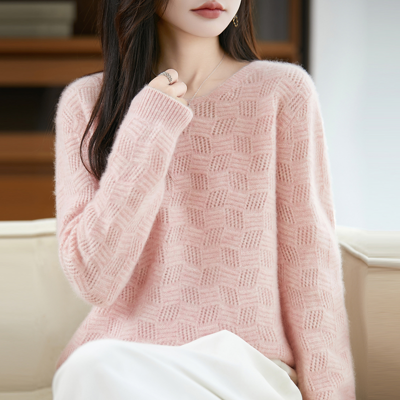 Designed with Hollow Jacquard Pattern, Pure Wool Sweater for Women, Long-Sleeved, Loose, Soft and Cozy Sweater, Casual and Versatile Cashmere Knit Top