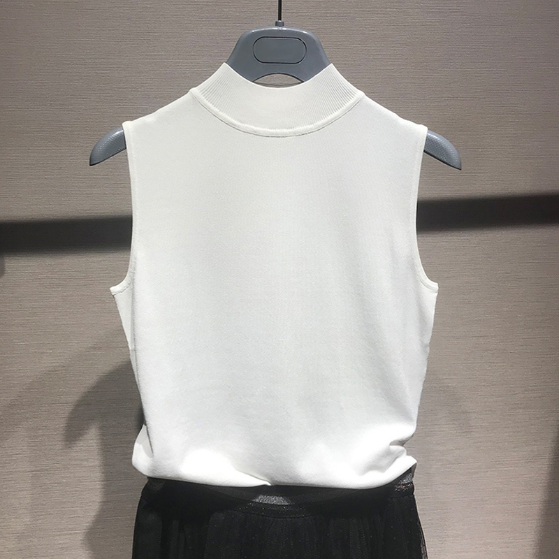 Authentic Gejia Women's Clothing New 2025 Summer Half-High Cigarette Collar Knitted Base Shirt Sleeveless Ice Silk Vest Women's T-Shirt