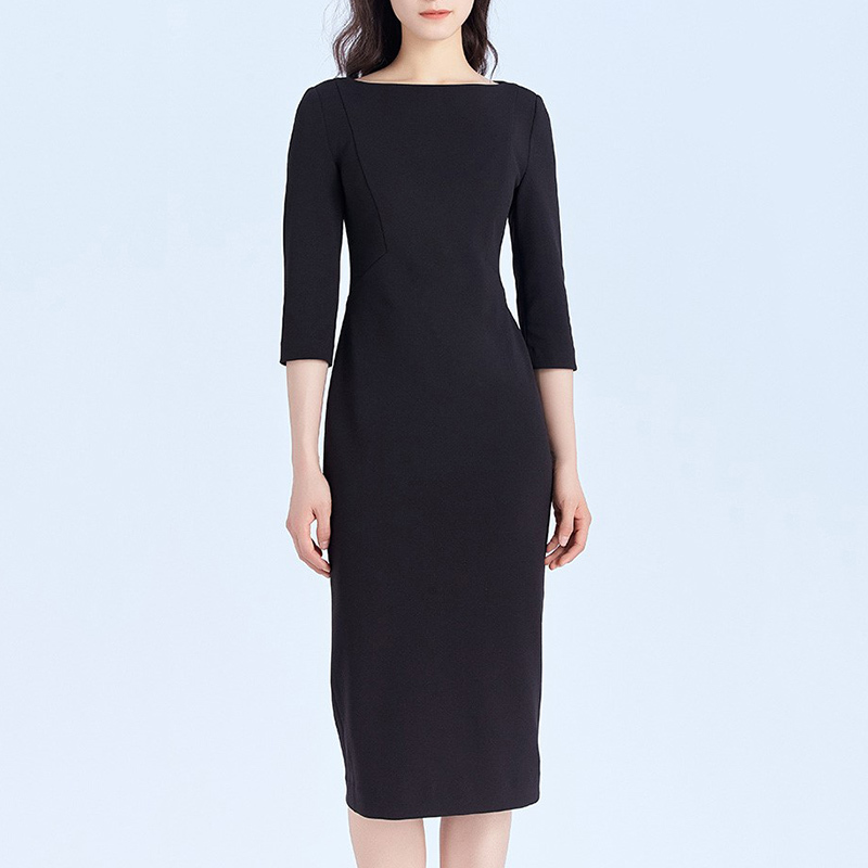 Authentic Gejia New Women's Clothing 2025 Spring and Summer Professional Slim-Fit Women's Black Mid-Sleeve Dress with Slit Long Skirt