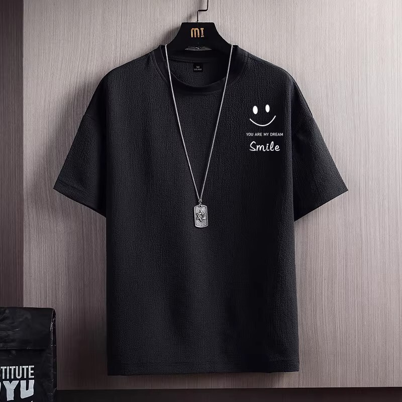 Kangshi Yishu Trendy Summer Smiley Face Ice Silk Short-Sleeve T-Shirt for Men, Thin Round-Neck Linen Quick-Dry T-Shirt Top