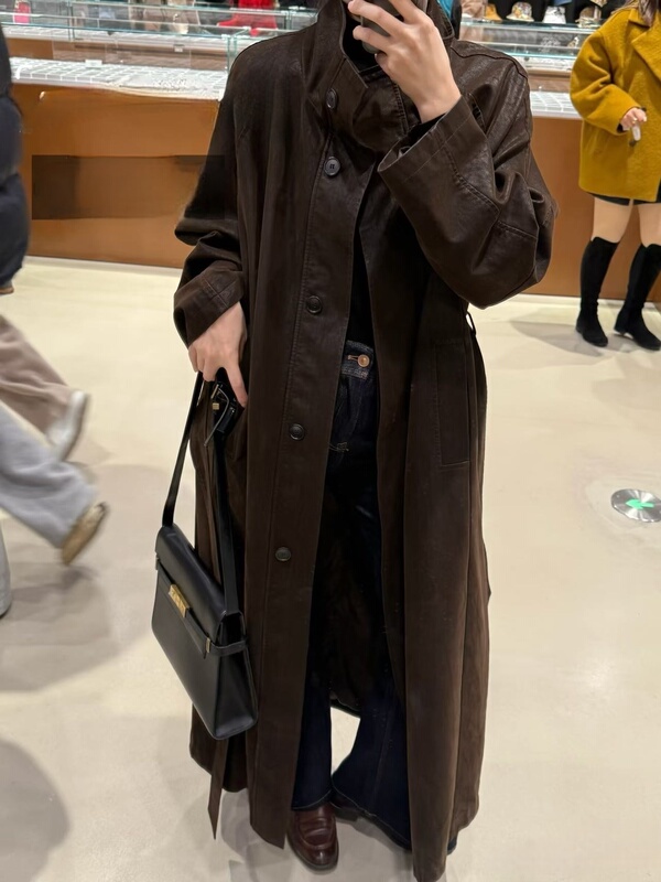 Leather Trench Coat for Women 2026 New Style Spring and Autumn High-End Loose Casual Mid-Length Trench Coat