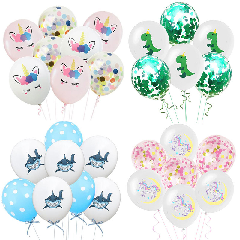 ins balloon color printing unicorn shark blue ocean dinosaur latex balloon set golden confetti 12 inch