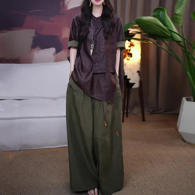 New Chinese-Style National Style Xiangyun Silk Set for Women, Summer Elegant Mulberry Silk Shirt Top and Wide-Leg Pants Two-Piece Set