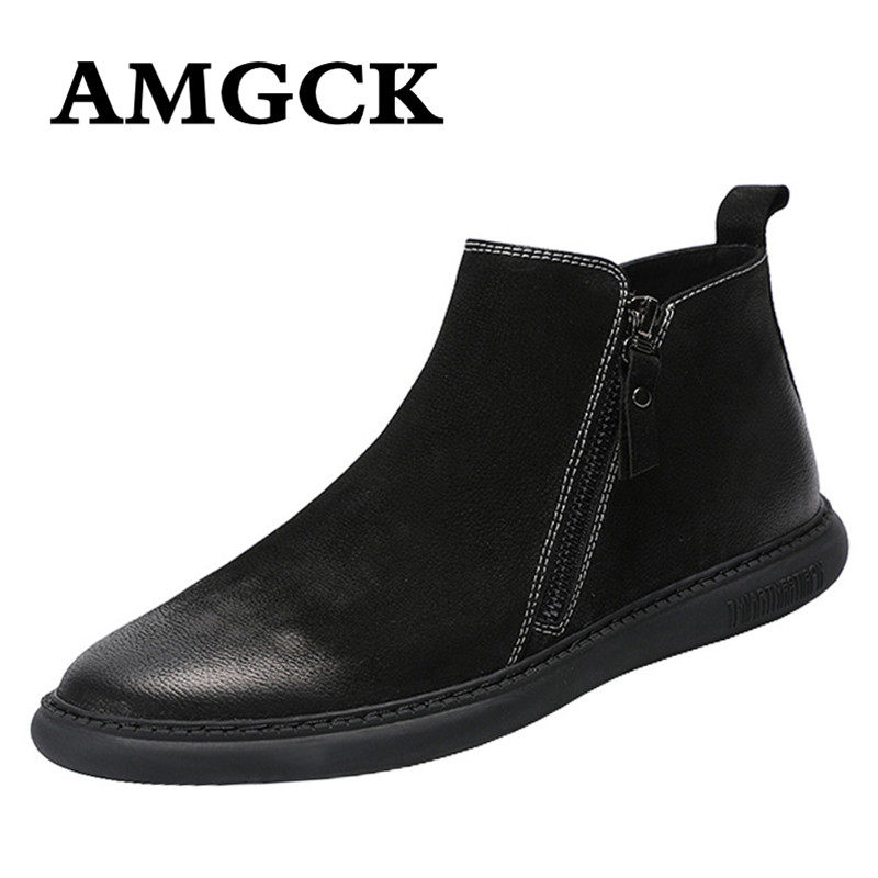 AMGCK fashion scrub Martin boots casual warm high-top shoes leather plus velvet short boots male Hong Kong