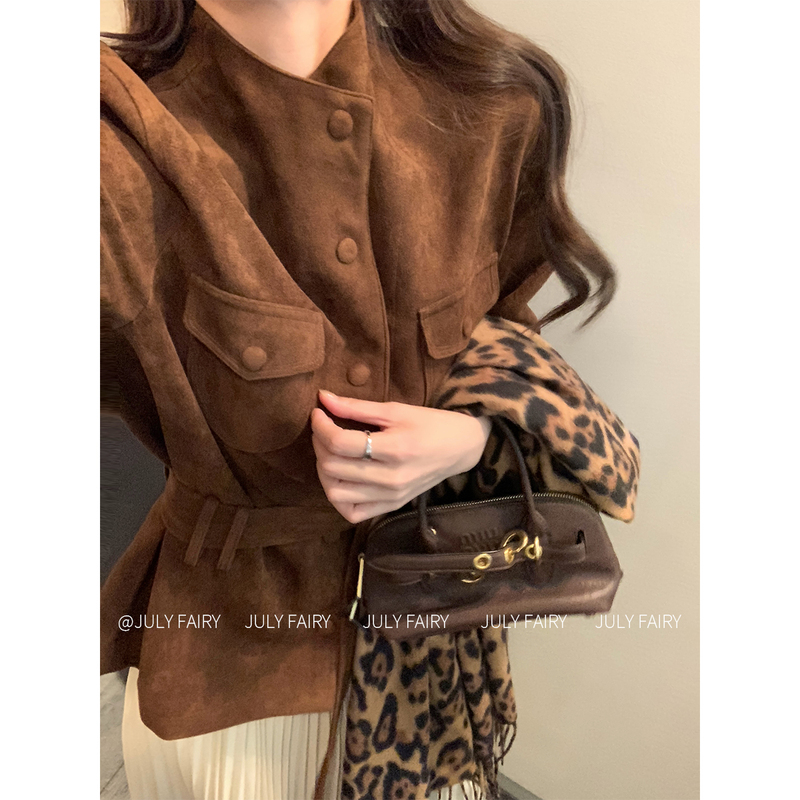 July Fairy Suede Contrasting Color Stand-Up Collar Windbreaker Jacket Retro Melard Slimming Short Windbreaker Casual Jacket