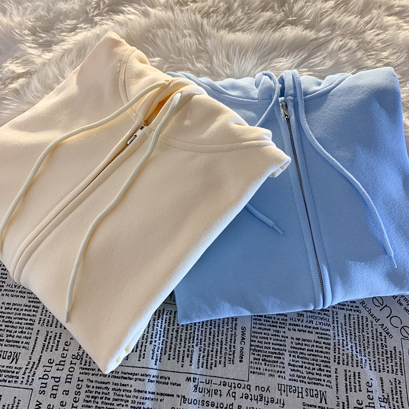 Pure Cotton Zipper Sweatshirt for Women, Spring and Autumn, Milk Blue Jacket, 2022 New Spring Style, Loose Korean Style Student Hooded Cardigan